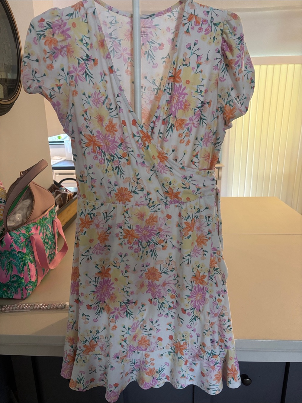 Floral Wrap-Style Summer Dress in Pastel Yellow and Pink